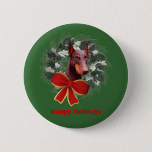 Christmas Doberman Wreath Bow Holiday Button Pin