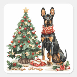 Christmas Dobermann Dogs Square Sticker