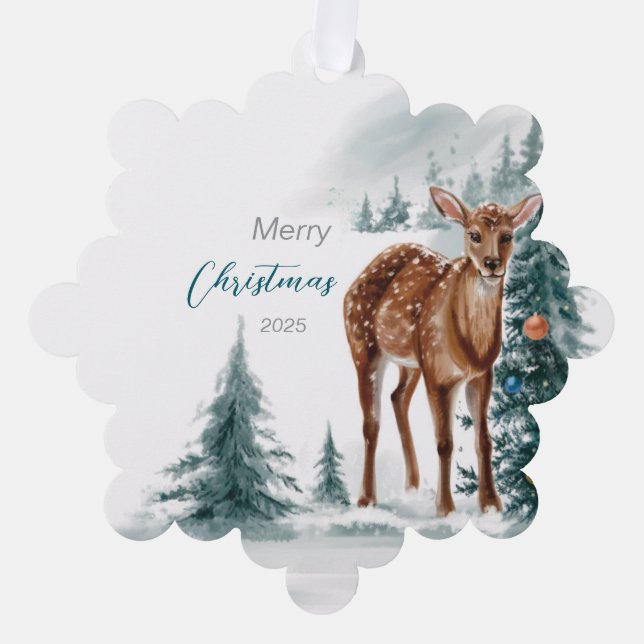 Christmas Doe in a Cold Forest Ornament Card (Front)