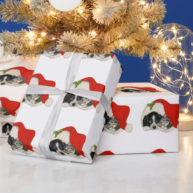 Christmas Dog And Cat In A Santa Hat            Wrapping Paper (Holidays)