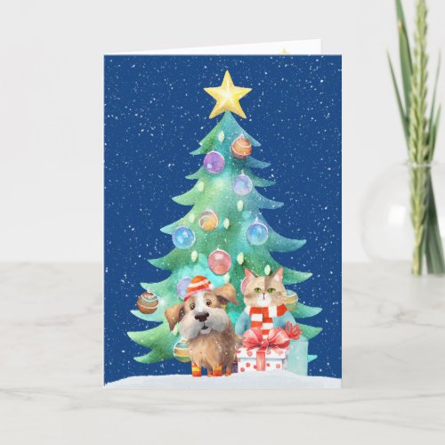 Christmas Dog And Cat In Snowflakes Holiday Card