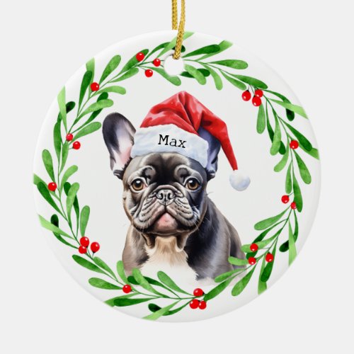 Christmas Dog Black Frenchie French Bulldog Santa Ceramic Ornament