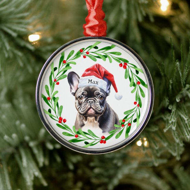 Christmas Dog Black Frenchie French Bulldog Santa Metal Ornament (Tree)