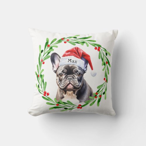 Christmas Dog Black Frenchie French Bulldog Santa Throw Pillow