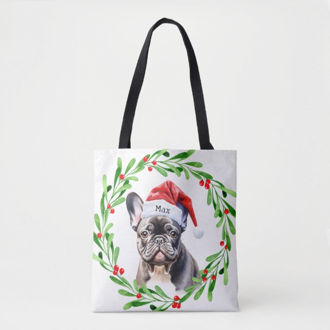 Christmas Dog Black Frenchie French Bulldog Santa Tote Bag (Front)