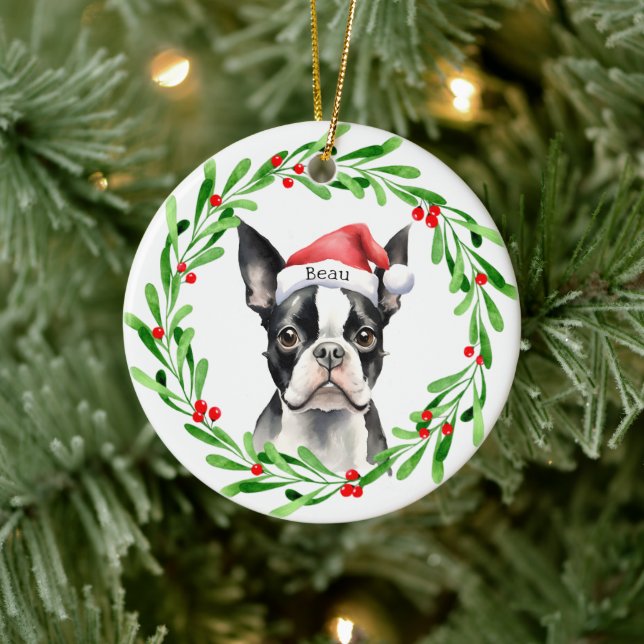 Christmas Dog Boston Terrier Terrier Holidays Pet Ceramic Ornament (Tree)
