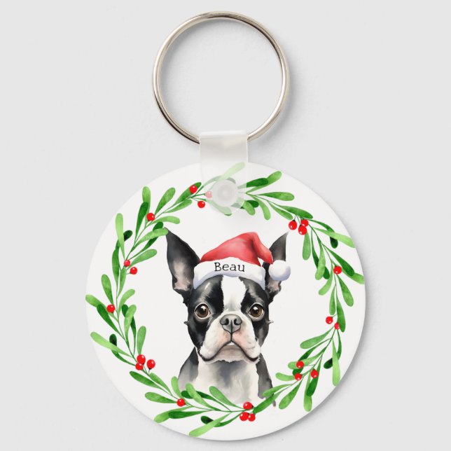 Christmas Dog Boston Terrier Terrier Holidays Pet Keychain (Front)