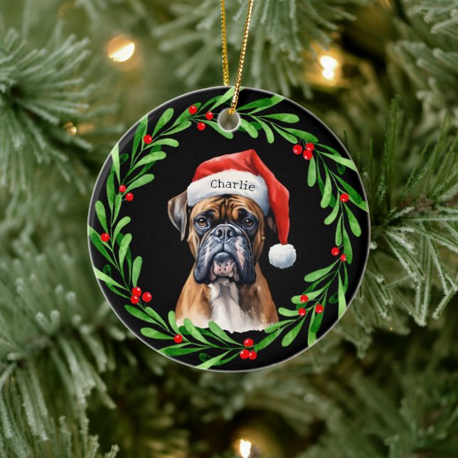 Christmas Dog Boxer Santa Hat Holiday Ceramic Ornament (Tree)