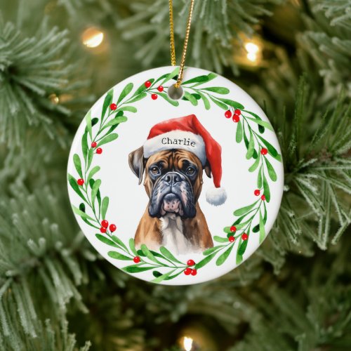 Christmas Dog Boxer Santa Hat Holiday Ceramic Ornament