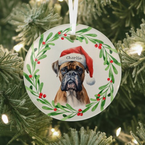 Christmas Dog Boxer Santa Hat Holiday Glass Ornament
