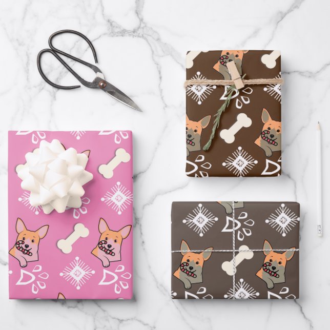 Christmas Dog Candy Cane Snowflake Pattern  Wrapping Paper Sheets (Front)