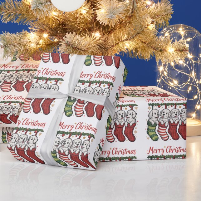 Christmas Dog Cute Puppies in Stockings Retro Xmas Wrapping Paper (Holidays)