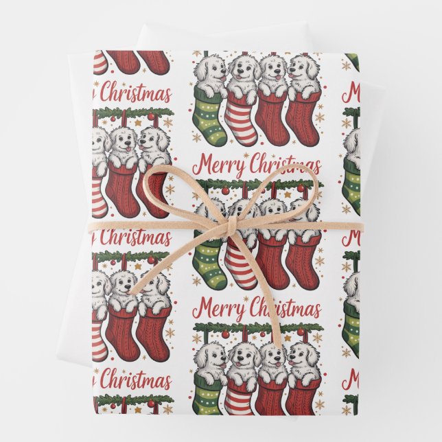 Christmas Dog Cute Puppies in Stockings Retro Xmas Wrapping Paper Sheets (In situ)