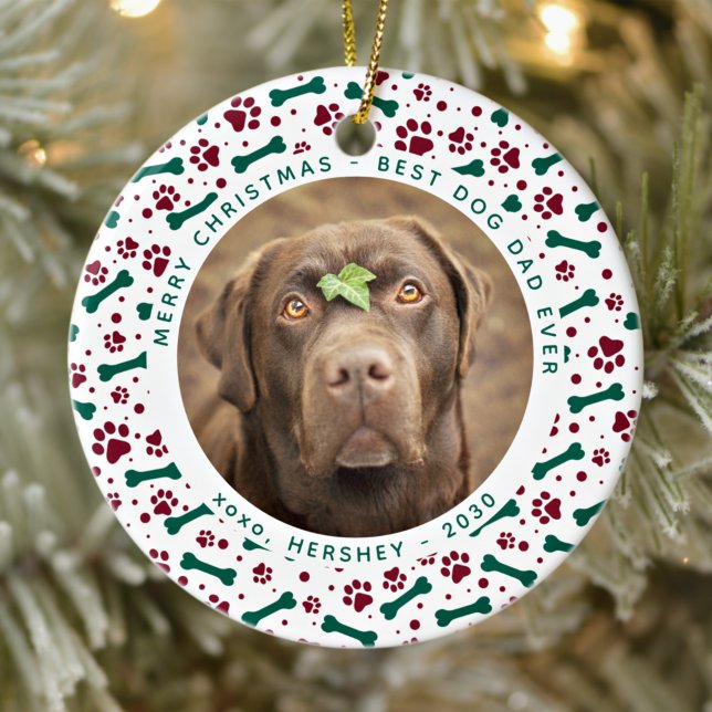 Christmas DOG DAD Personalize Pet Photo Paw Prints Ceramic Ornament (Creator Uploaded)