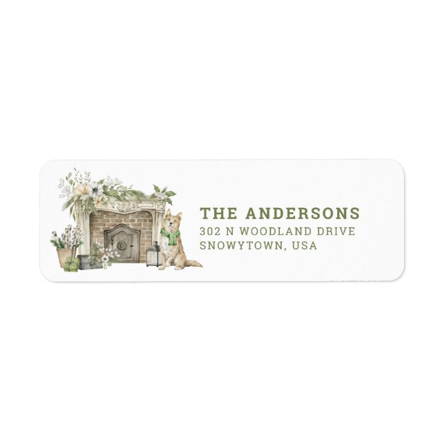 Christmas Dog | Festive Fireplace | return address Label (Front)