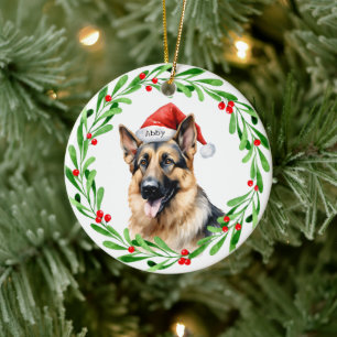 Christmas Dog German Shepherd Santa Ceramic Ornament