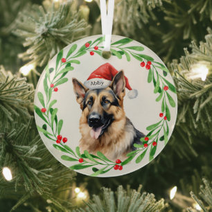 Christmas Dog German Shepherd Santa Glass Ornament