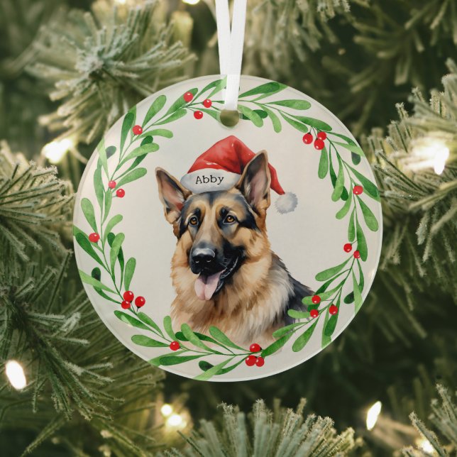 Christmas Dog German Shepherd Santa Glass Ornament (Insitu)