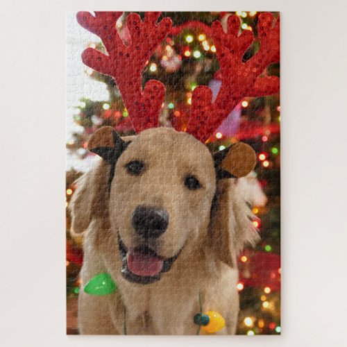 Christmas Dog _ Golden Retriever Reindeer Antlers Jigsaw Puzzle