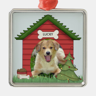 Christmas Dog House Photo & Name Metal Ornament