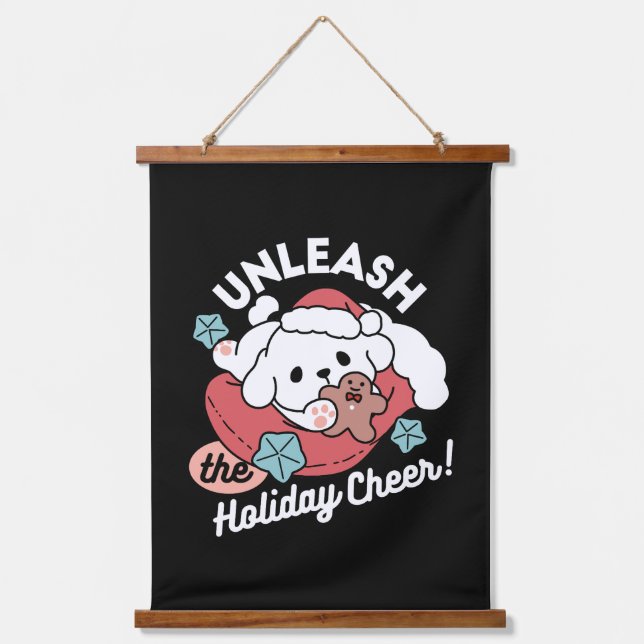 Christmas Dog in Santa Hat – Holiday Cheer for Pet Hanging Tapestry (Front)