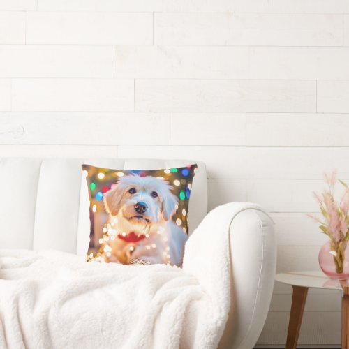 Christmas Dog In Tangled In Lights Throw Pillow