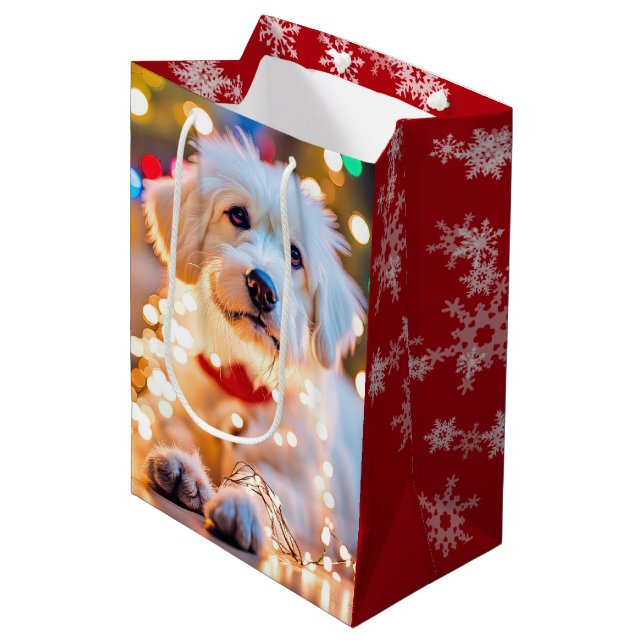 Christmas Dog In Tangled Lights Medium Gift Bag (Front Angled)