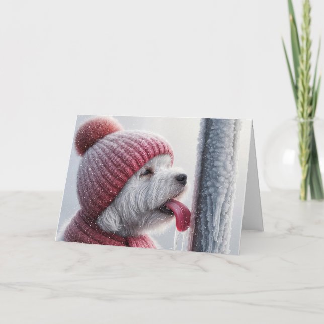 Christmas Dog Licking A Frozen Pole Holiday Card (Front)