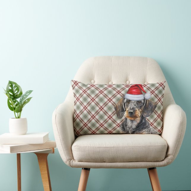Christmas Dog Lover Wire Coated Dachshund Plaid Lumbar Pillow (Chair)