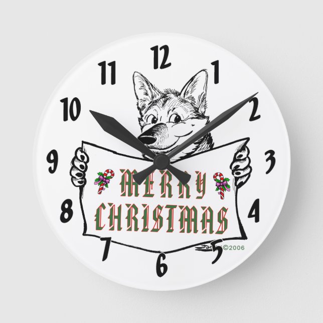 Christmas Dog:  Merry Christmas! Round Clock (Front)