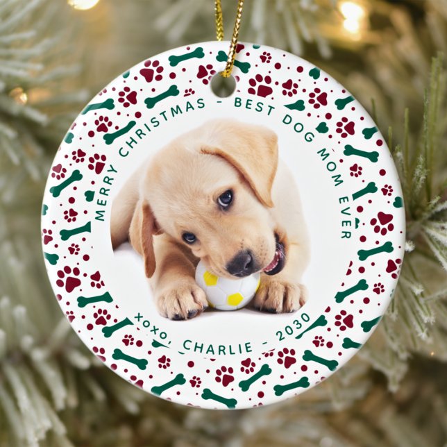 Christmas DOG MOM Personalized Cute Pet Photo Ceramic Ornament (Creator Uploaded)