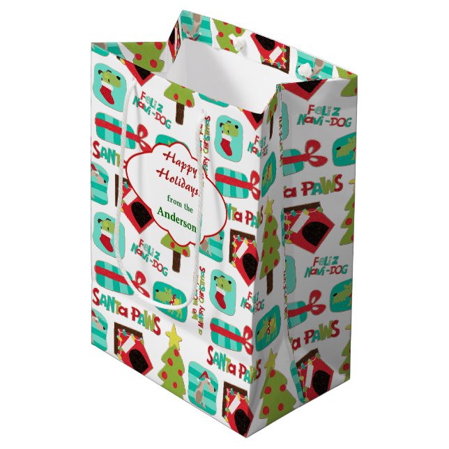 Christmas Dog Pattern Personalized Medium Gift Bag (Front Angled)