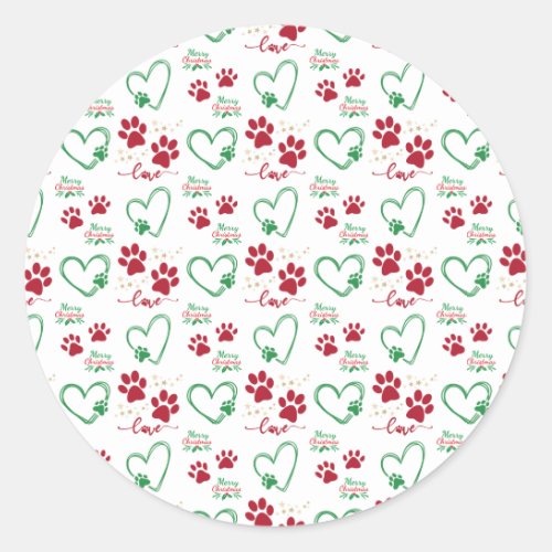 Christmas DOG PAW PRINTS and LOVE HEARTS Festive Classic Round Sticker