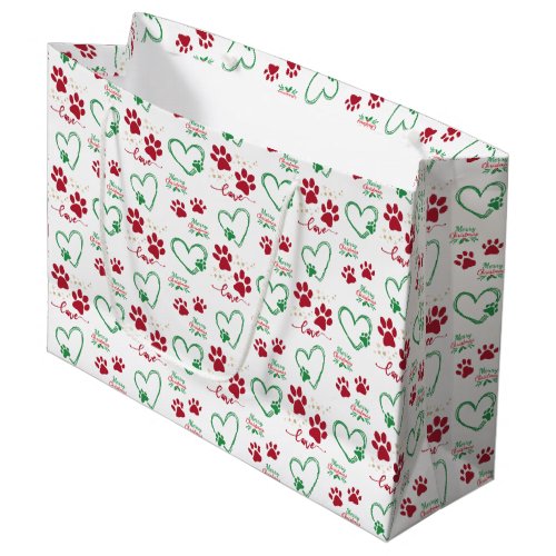 Christmas DOG PAW PRINTS and LOVE HEARTS Festive Large Gift Bag