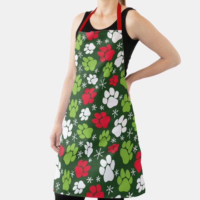 Christmas Dog Paw Prints Pattern Dog Groomers Apron (Insitu)