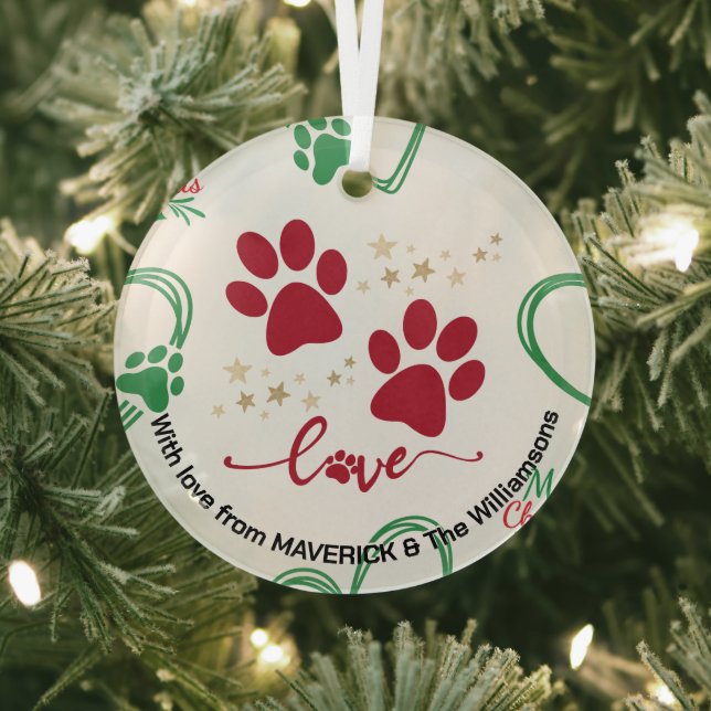 Christmas DOG PAW PRINTS Personalized Glass Ornament (Insitu)