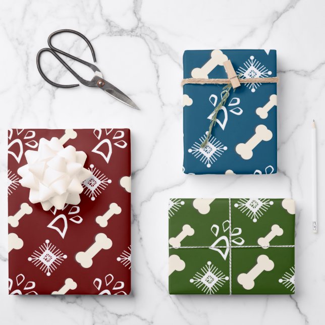 Christmas Dog Pet Bone Snowflake Pattern  Wrapping Paper Sheets (Front)
