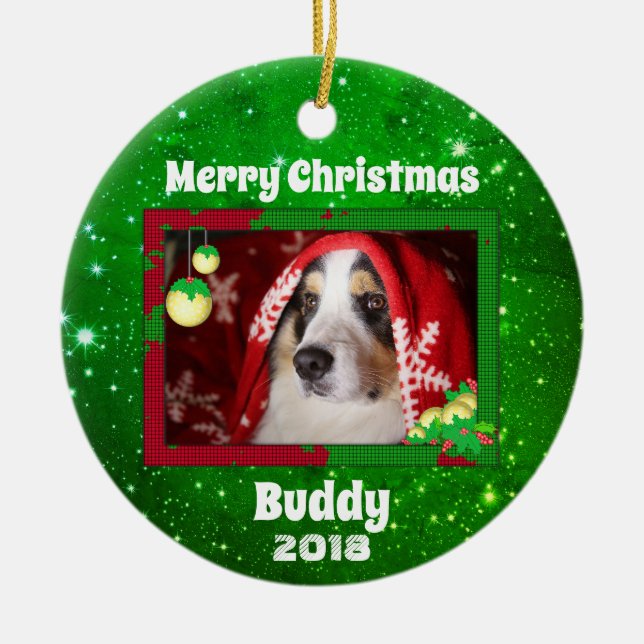 Christmas Dog Pet Photo Name Year Green Ceramic Ornament (Front)