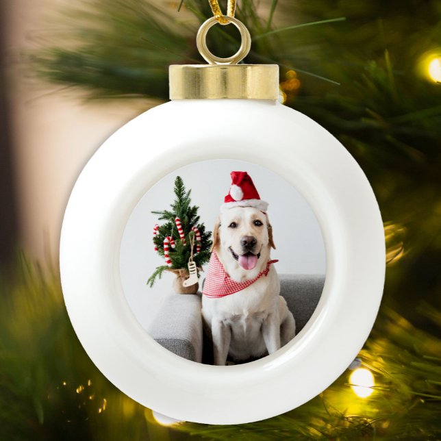 Christmas Dog Photo Minimal Modern  Ceramic Ball Christmas Ornament (Creator Uploaded)