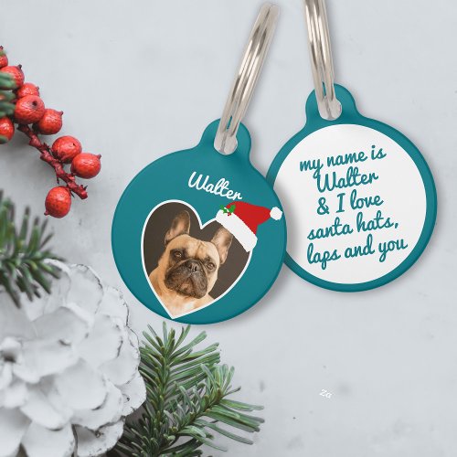 Christmas Dog Photo Santa Hat Teal Heart Festive  Pet ID Tag