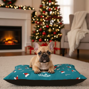 Christmas Dog Photo Teal Santa Hat Pattern Pet Bed