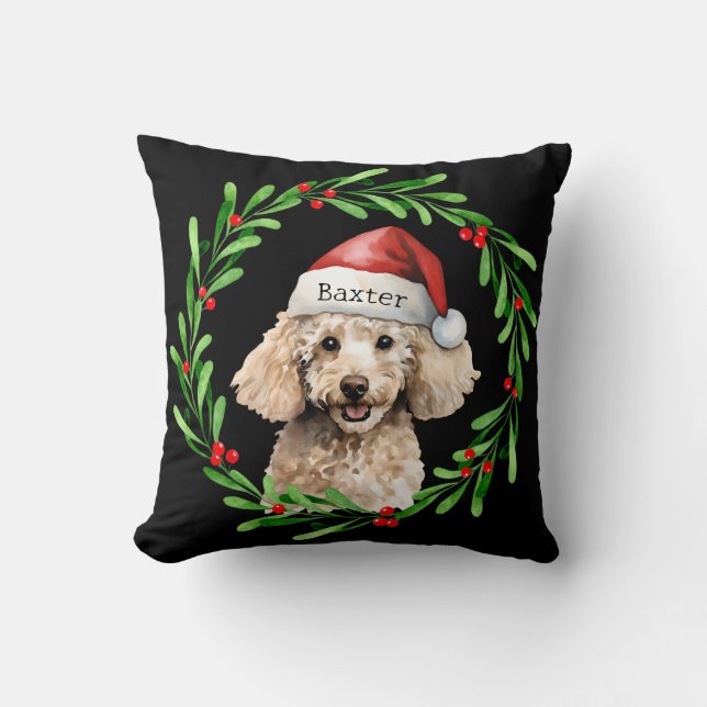 Christmas Dog Poodle Santa Hat Holiday Throw Pillow (Front)