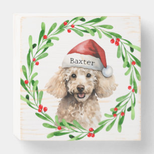 Christmas Dog Poodle Santa Hat Holiday Wooden Box Sign
