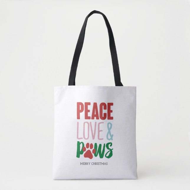 Christmas Dog Puns Santa Dogs Peace Love and Paws Tote Bag (Front)