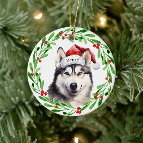 Christmas Dog Siberian Husky Santa Hat Holiday Ceramic Ornament