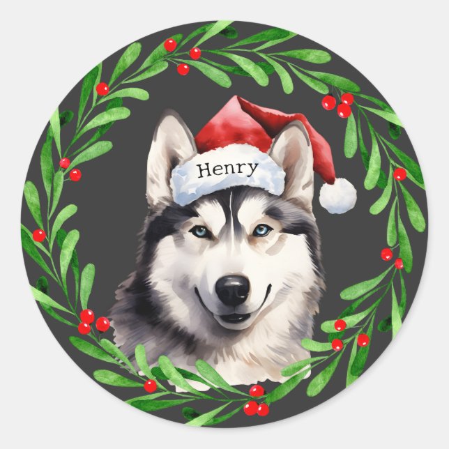 Christmas Dog Siberian Husky Santa Hat Holiday Classic Round Sticker (Front)
