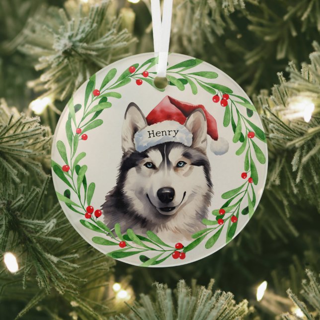 Christmas Dog Siberian Husky Santa Hat Holiday Glass Ornament (Insitu)