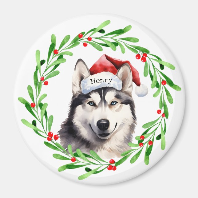 Christmas Dog Siberian Husky Santa Hat Holiday Magnet (Front)