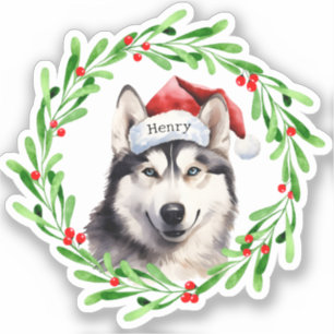 Christmas Dog Siberian Husky Santa Hat Holiday Sticker