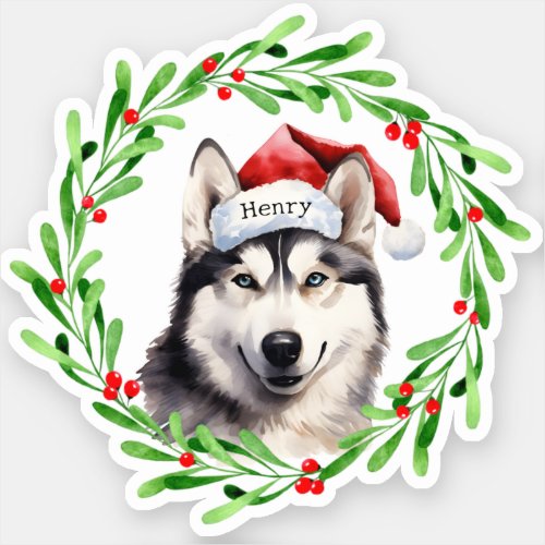 Christmas Dog Siberian Husky Santa Hat Holiday Sticker